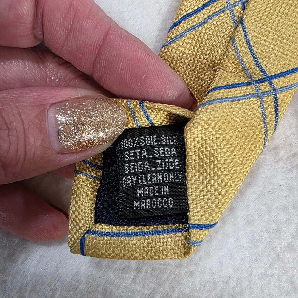 Thomas Pink Mens Yellow Blue Windowpane Check 100% Silk Tie Made in Morocco
